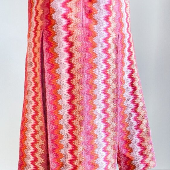 Vintage Chevron  Print Pink Tones Dropped Waist Patch Pockets Pleated Midi Dress - Picture 9 of 9